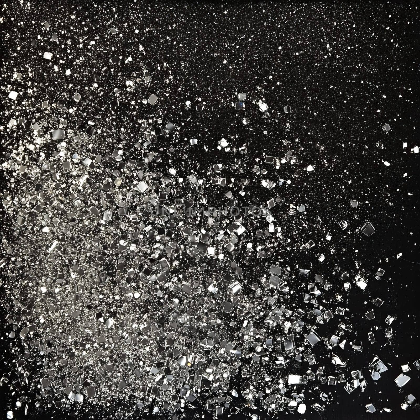 Shattered glass explosion with scattered fragments on black background.