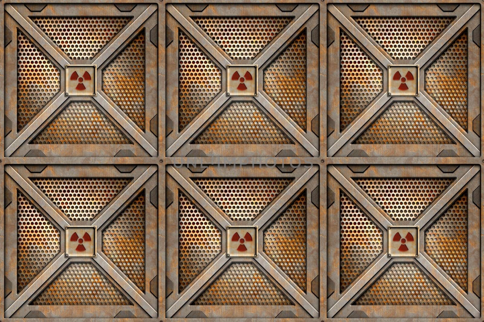 six radioactive storage crates piled up
