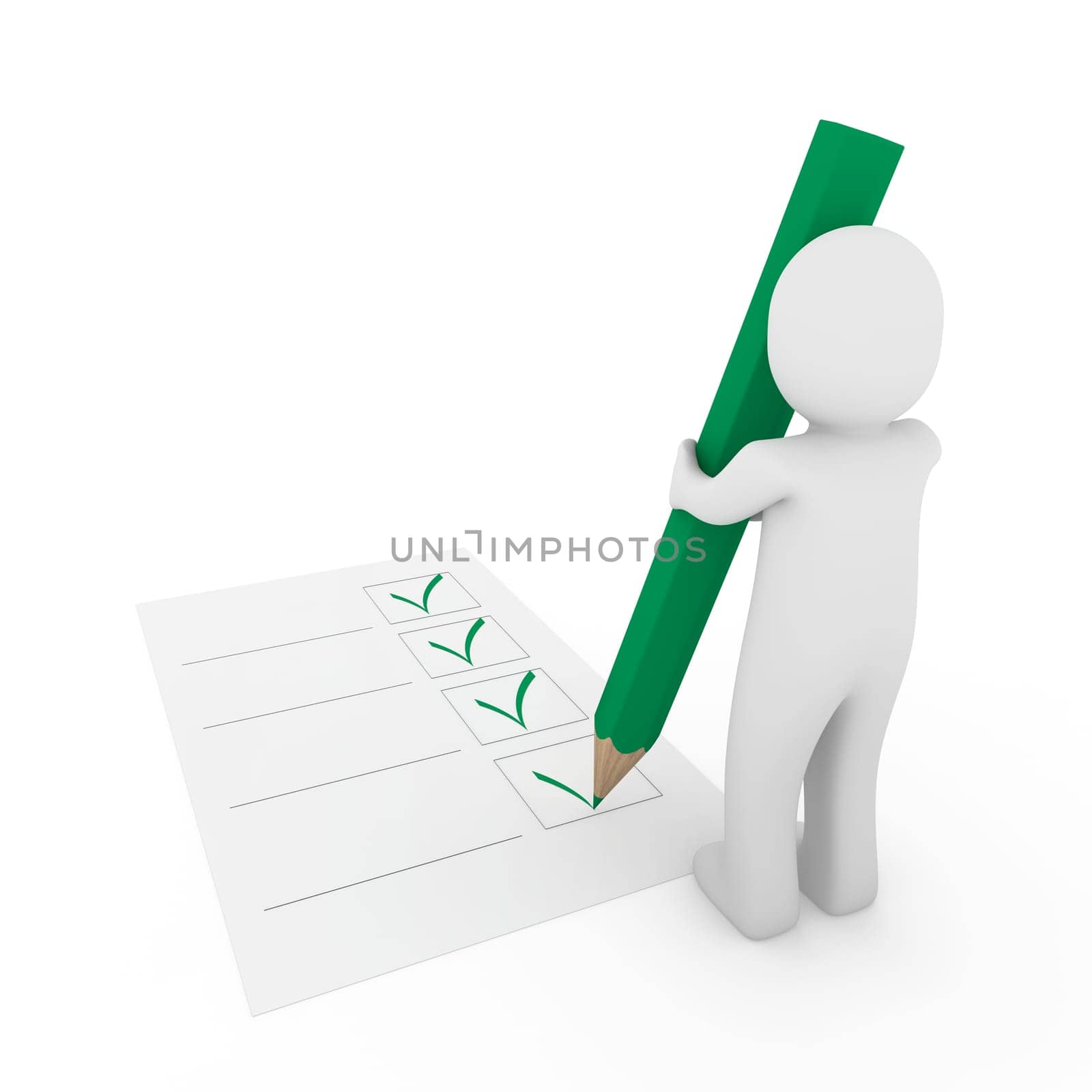 3d human check box paper pen pencil green
