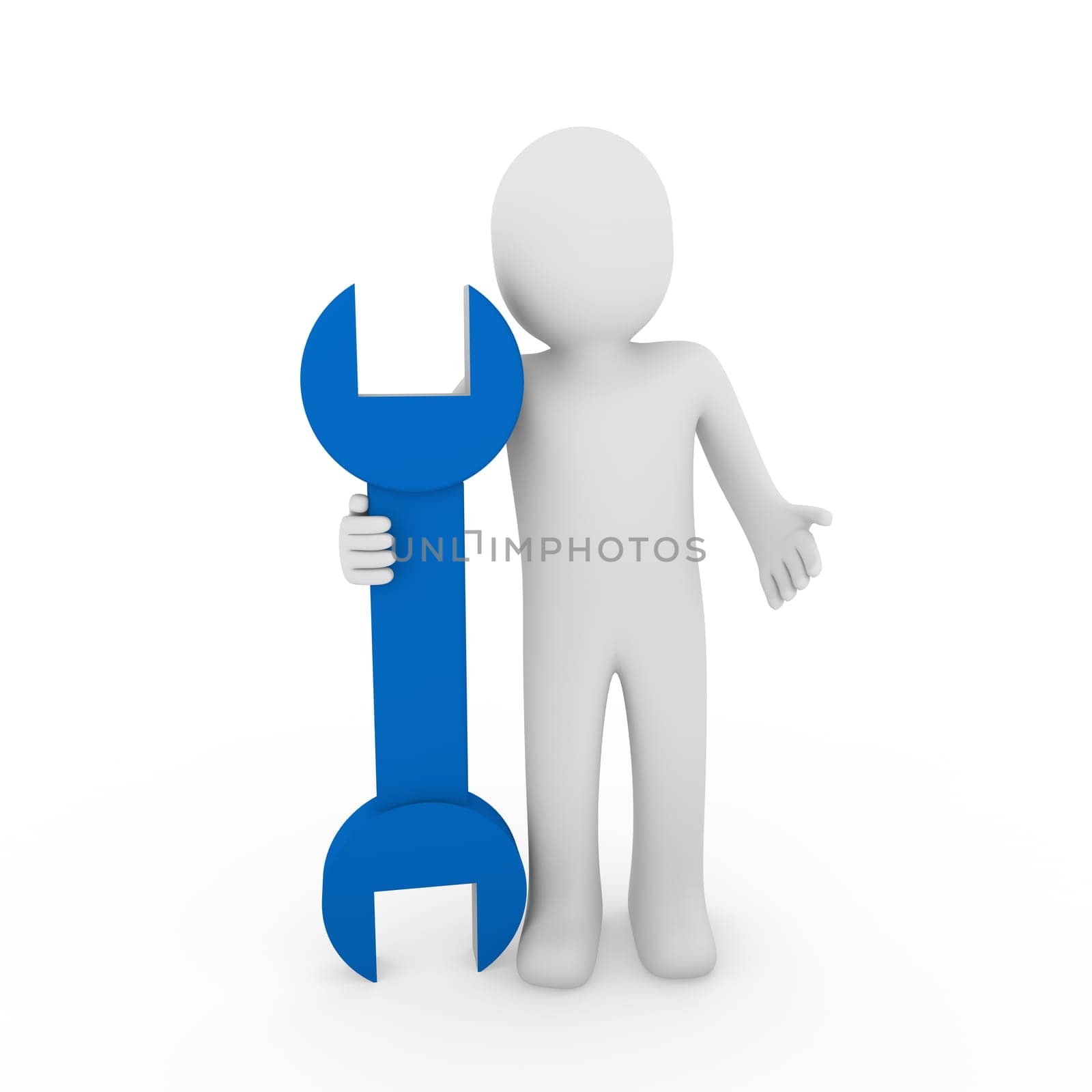 3d human man wrench tool repair blue mechanic