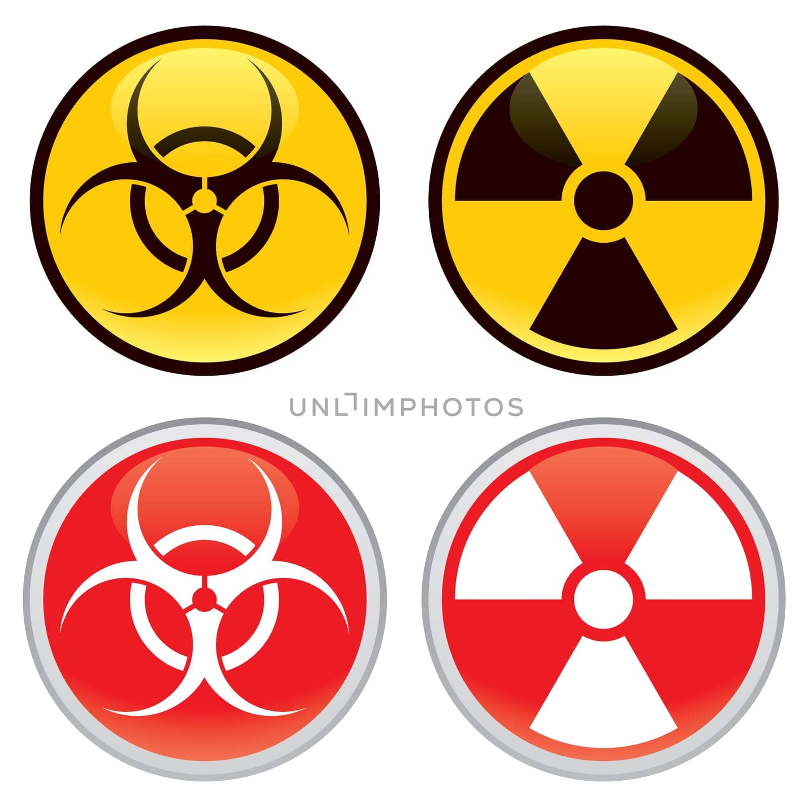 Shiny biohazard and radioactive warning signs and symbols.