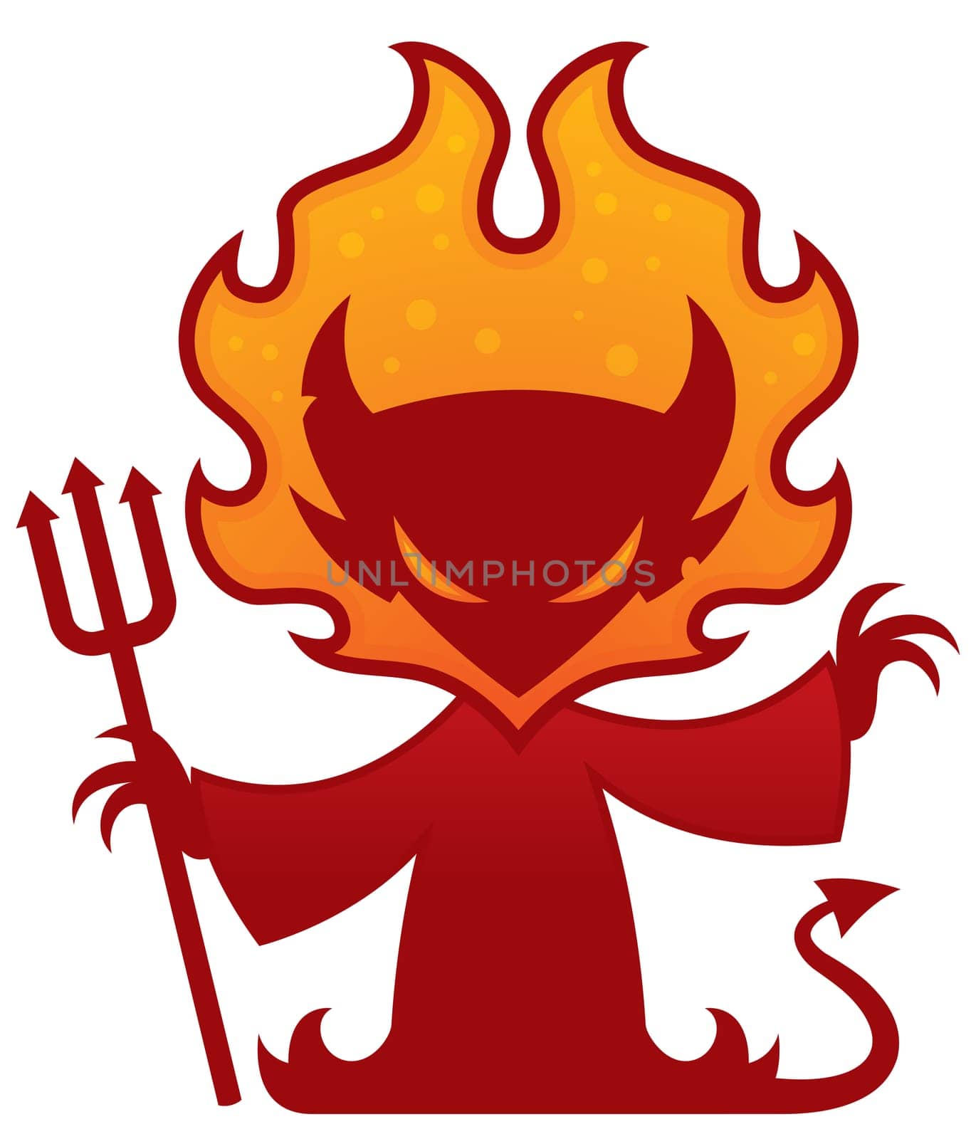Cartoon vector drawing of a devil with flames around his head holding a pitchfork.