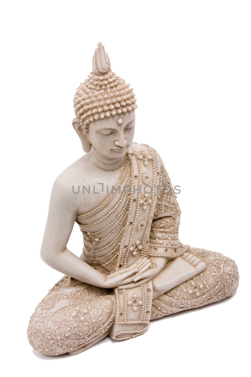 Buddha statue close up isolated against white background.