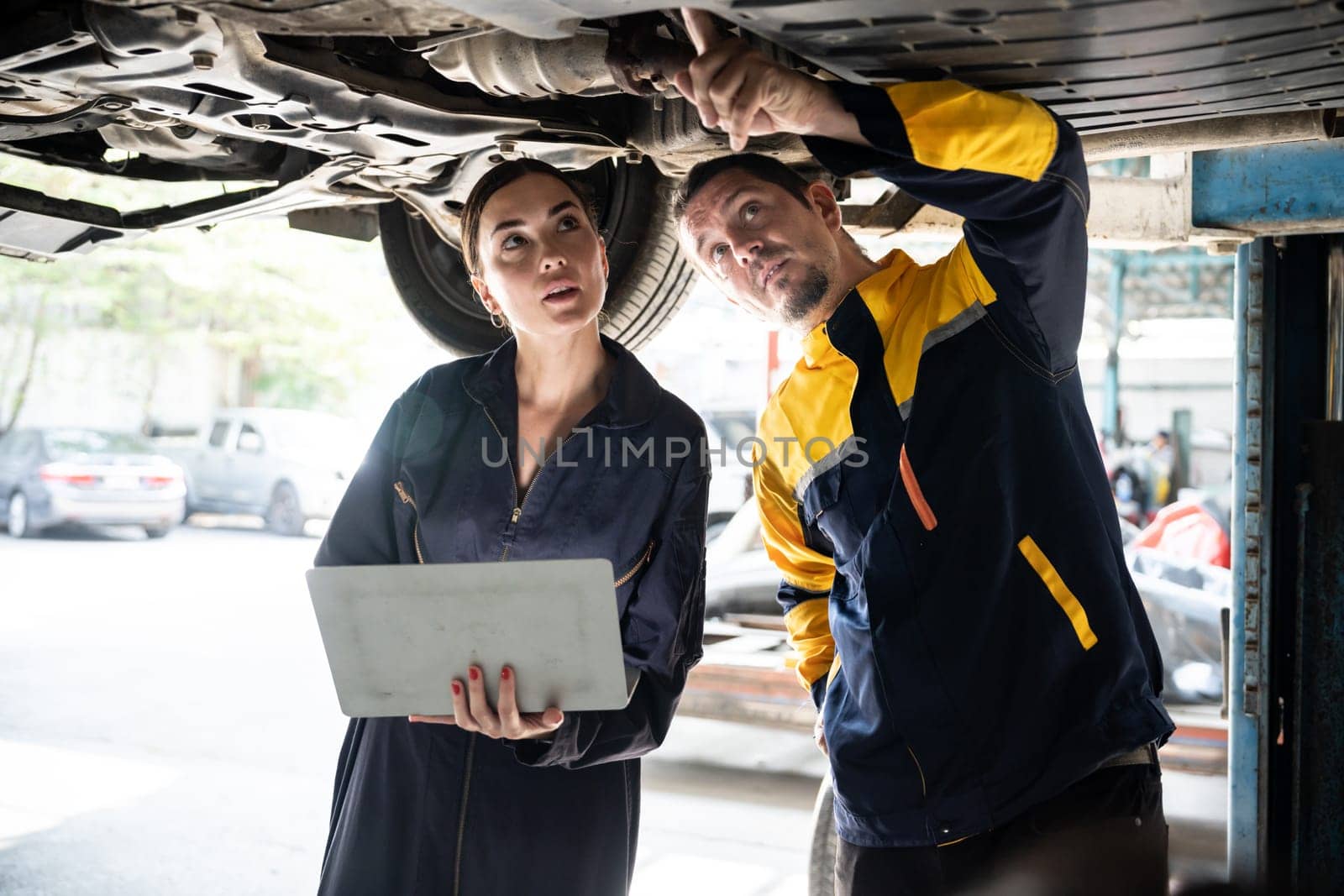 Two vehicle mechanic working together underneath lifted car, conduct car inspection with laptop. Automotive service technician in uniform carefully make diagnostic troubleshooting. Oxus