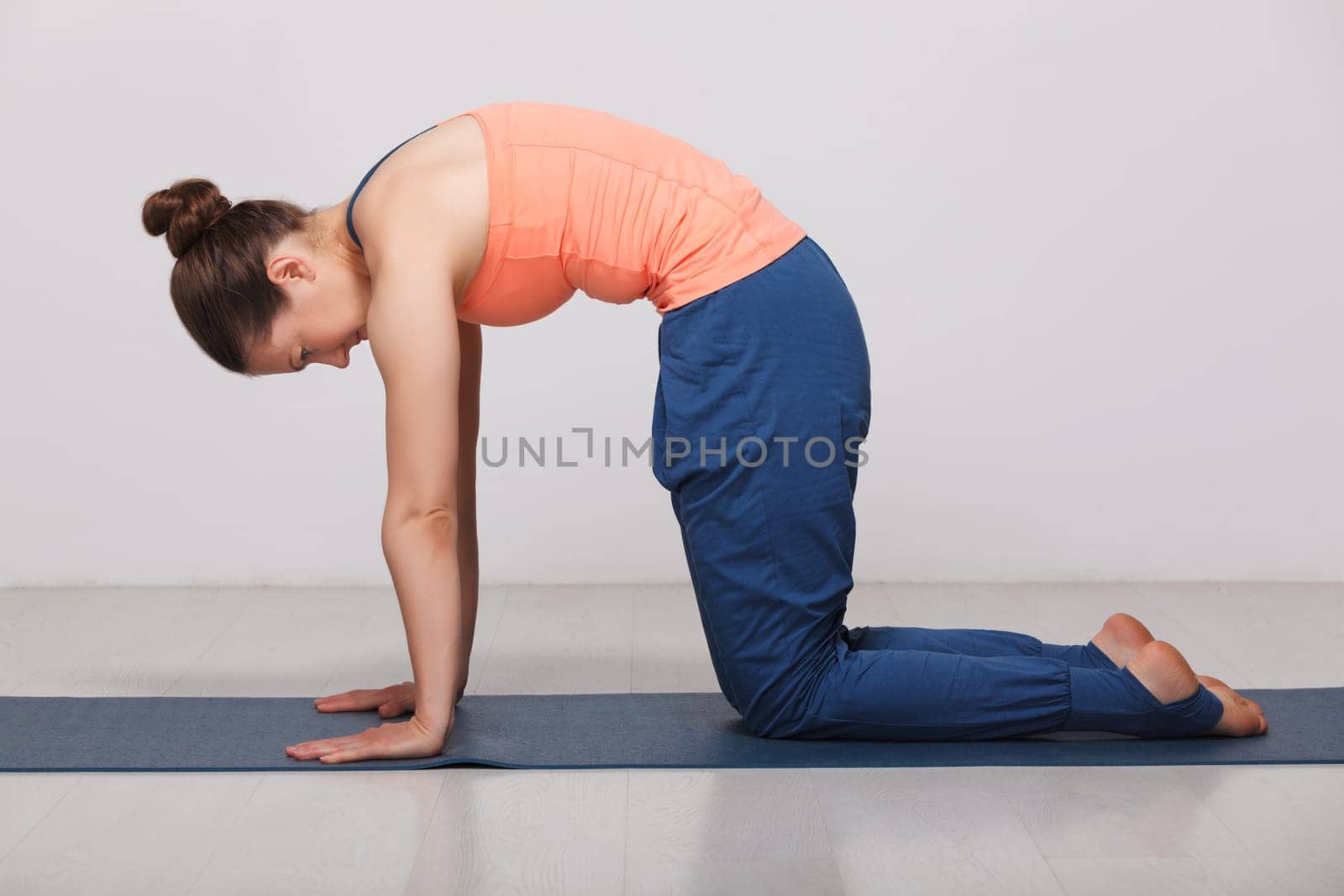 Beautiful sporty fit yogini woman practices yoga asana marjariasana - cat pose gentle warm up for spine (also called cat-cow pose) in studio