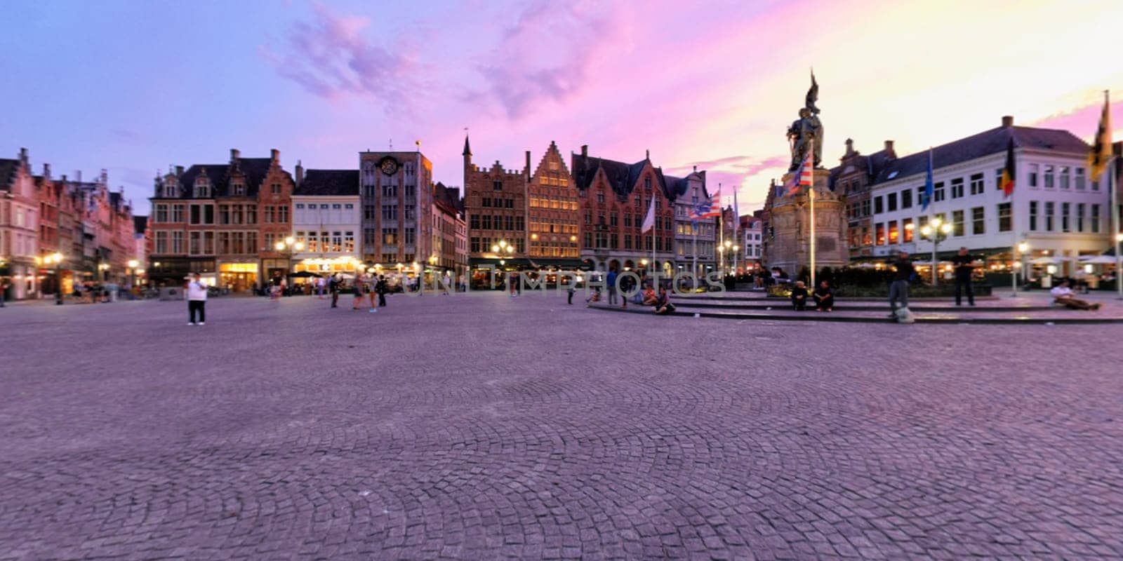 Spherical 360 panorama Bruges Grote markt square with Belfry tower and Provincial Court building famous tourist destination and in Bruges, Belgium on dusk in twilight