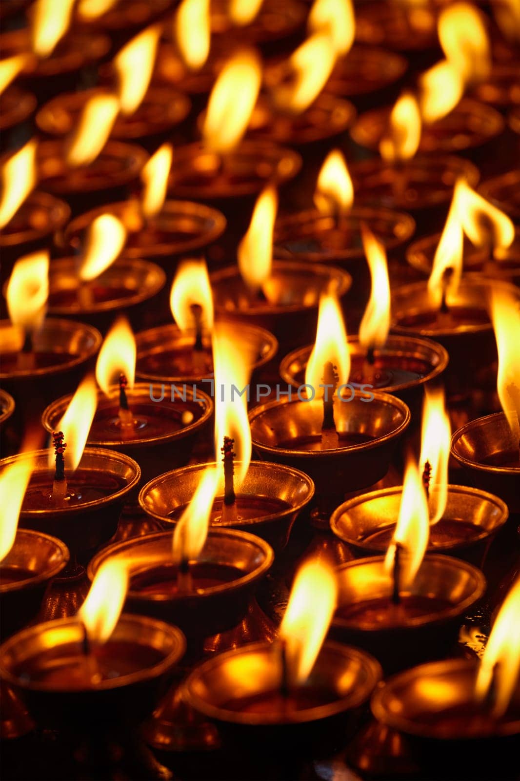 Burning candles in Buddhist temple. Dharamsala, Himachal Pradesh, India