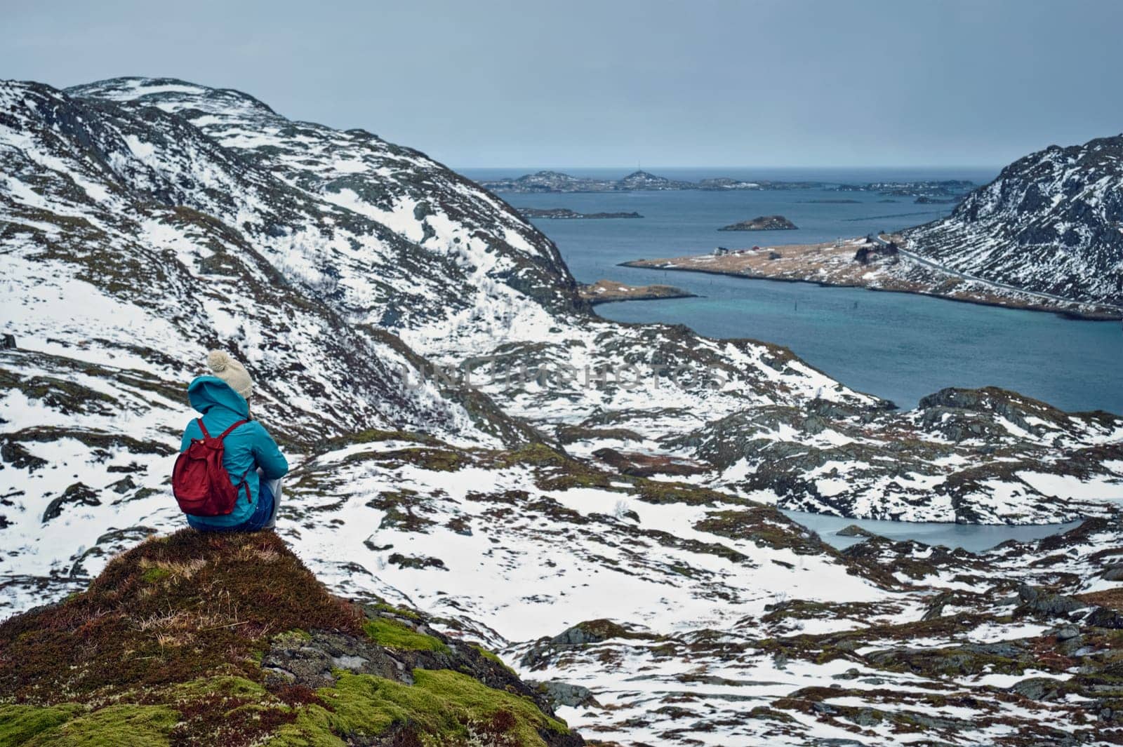 Woman tourist on Lofoten islands, Norway by dimol