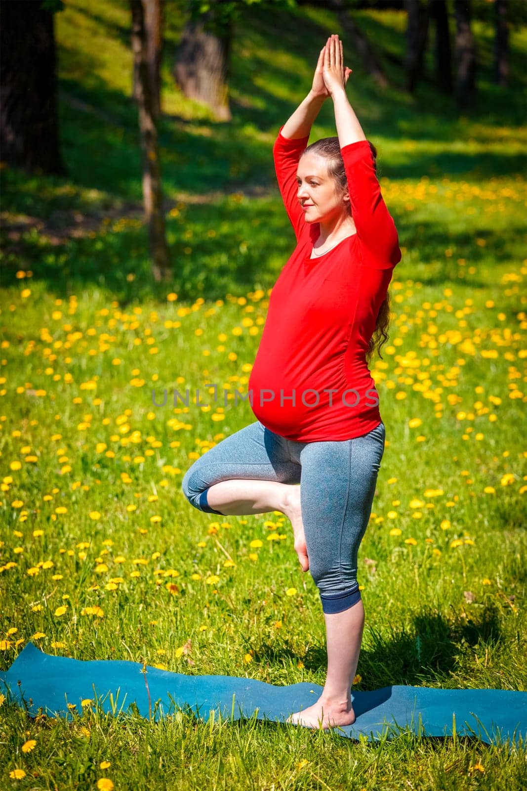 Pregnant woman doing asana vrikshasana outdoors by dimol