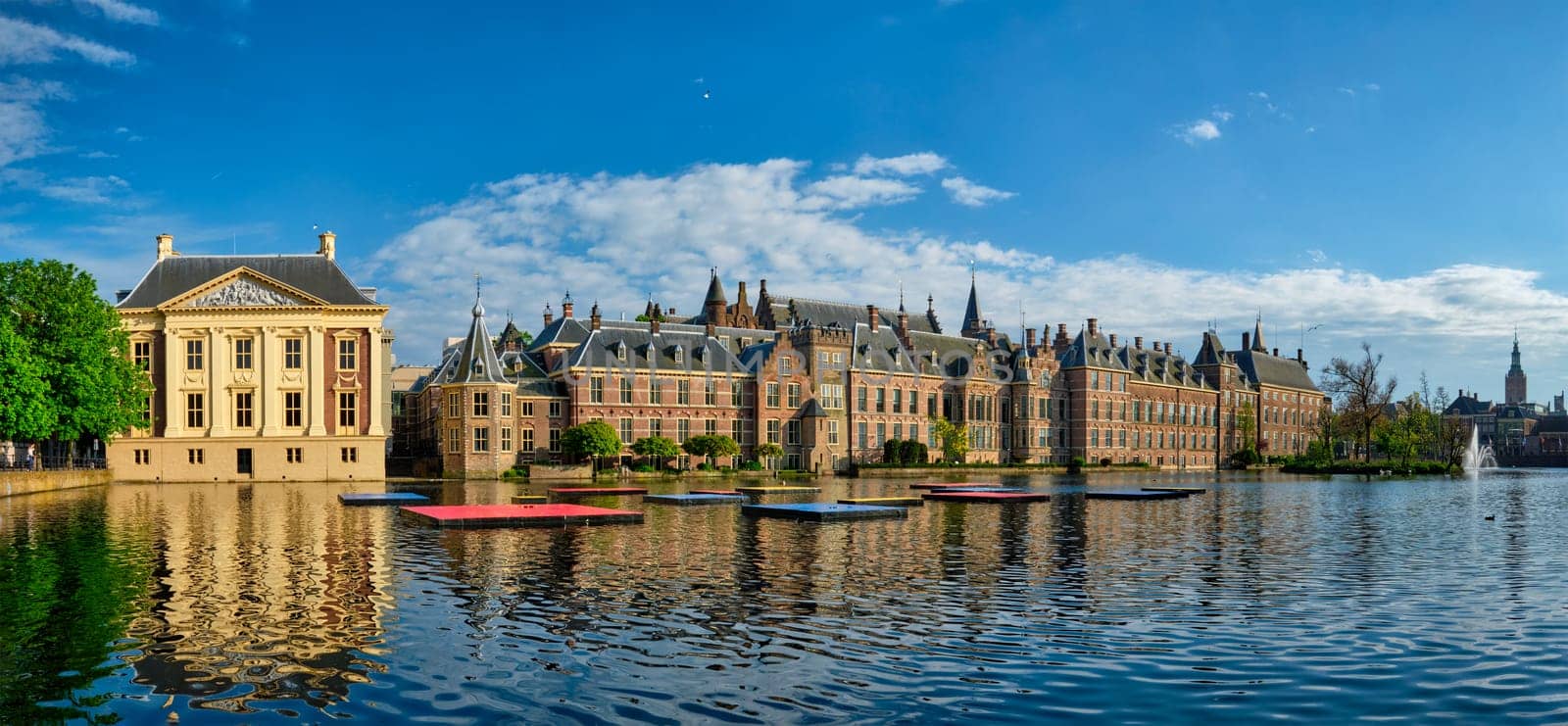 Panorama of the Binnenhof House of Parliament and Mauritshuis museum and the Hofvijver lake. The Hague, Netherlands
