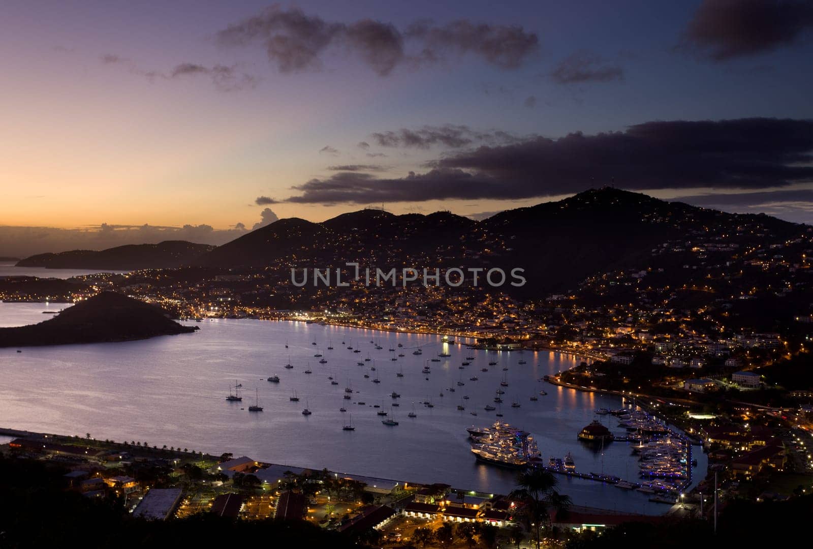 Aerial view of Charlotte Amalie Harbour in St Thomas at sunset
