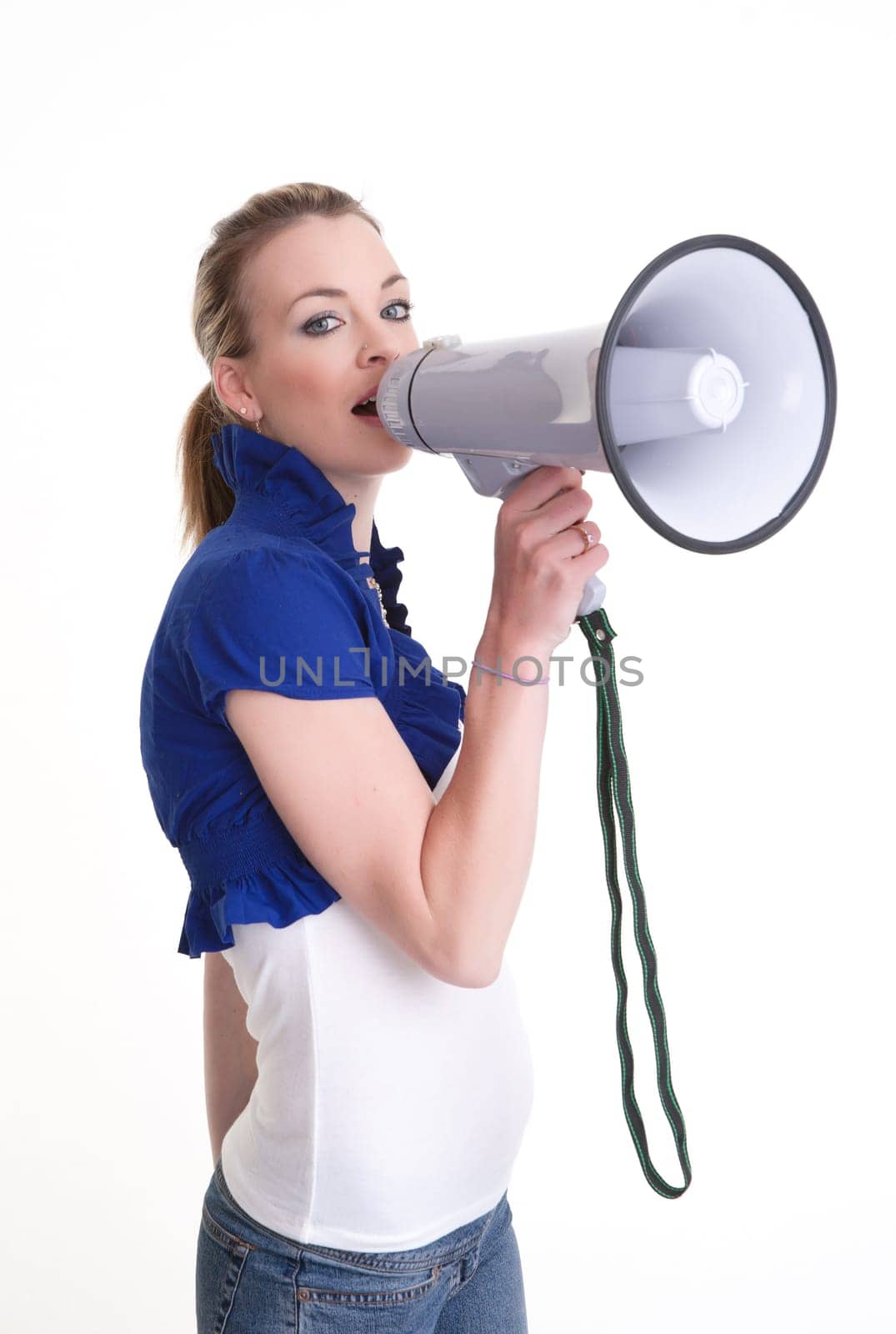 young woman with a megaphone or bullhorn isolated on white