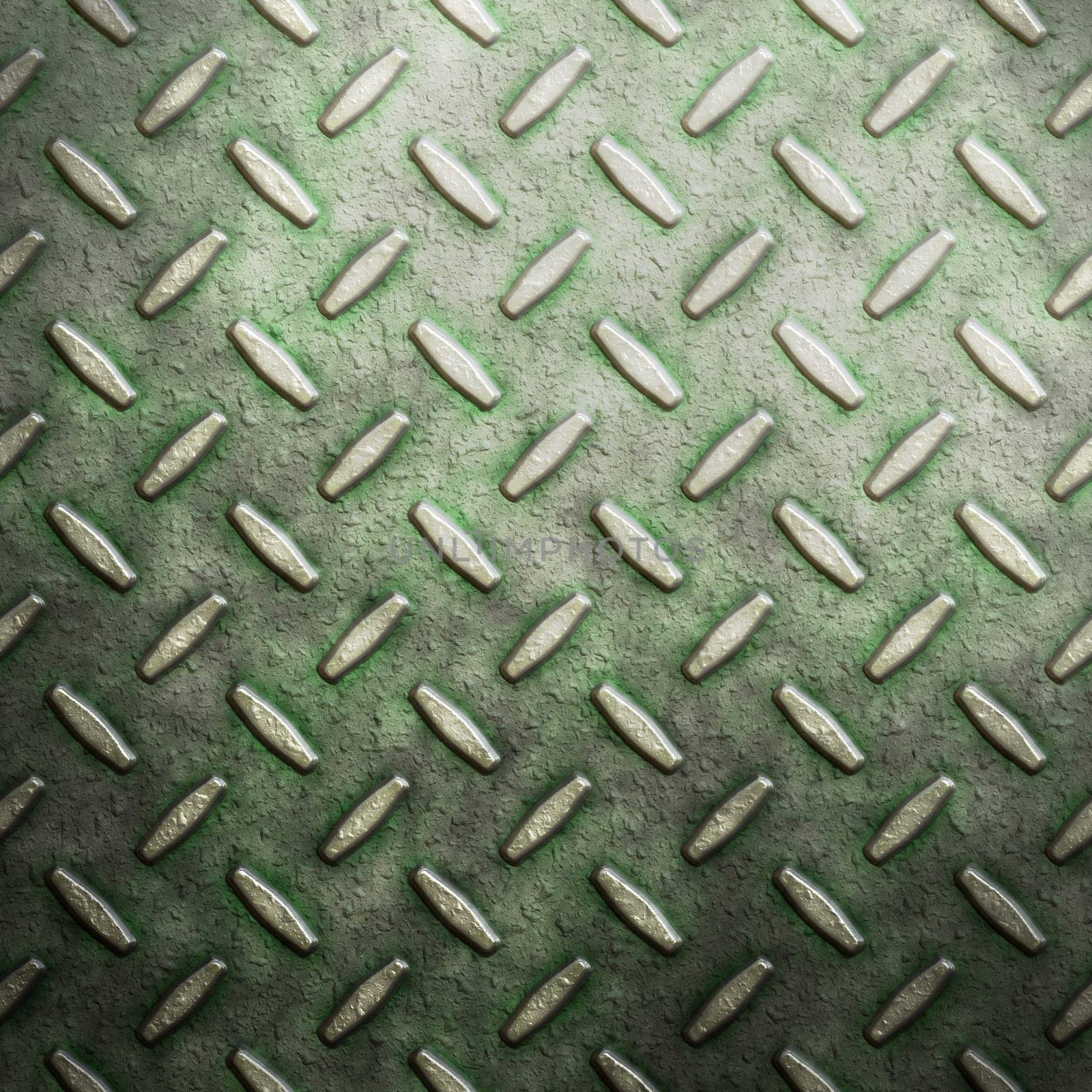 large image of old weathered and grungy diamond plate with algae starting to grow