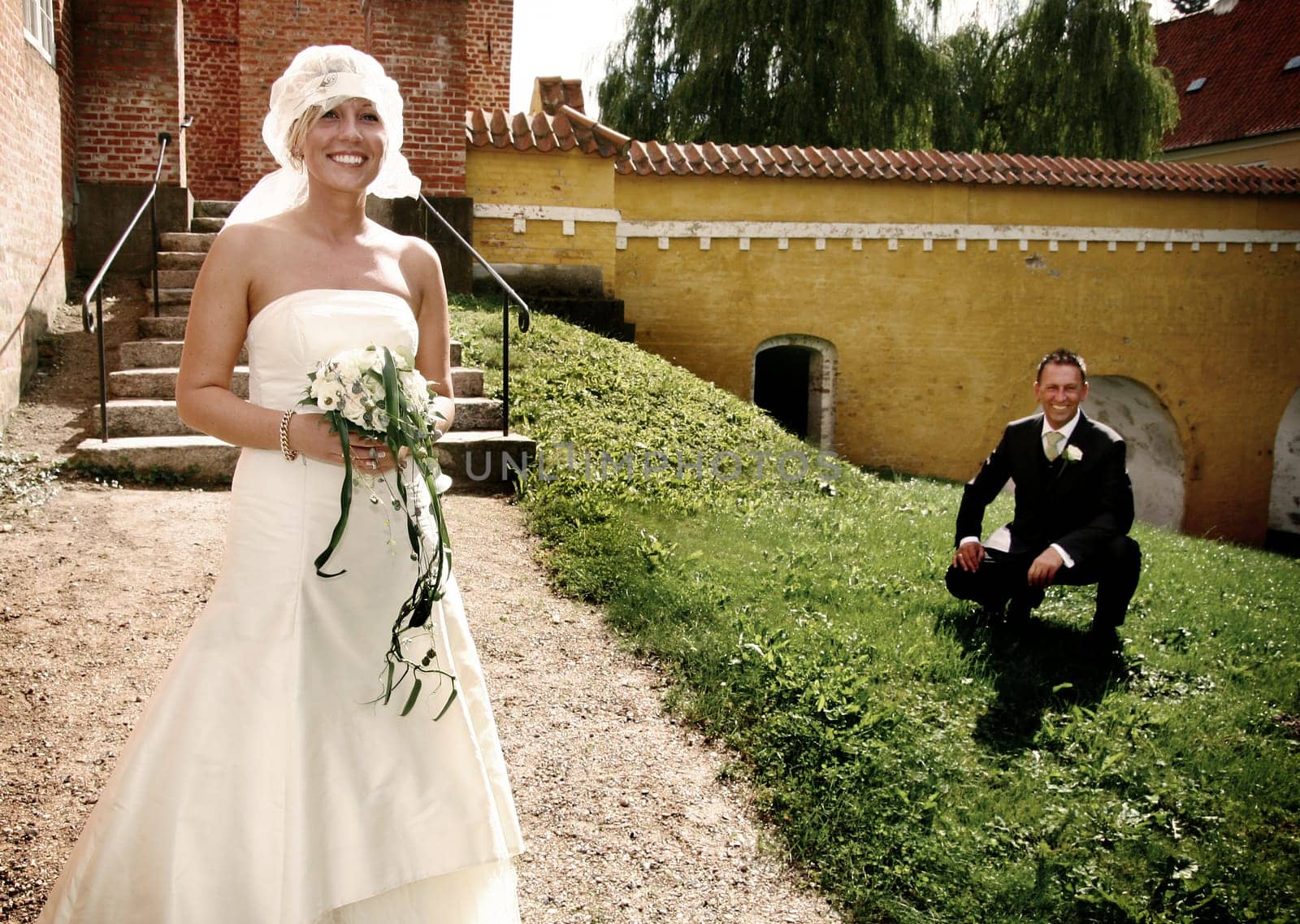 Wedding couple portrait. groom and bride marriage celebration. husband in suit and wife in wedding dress
