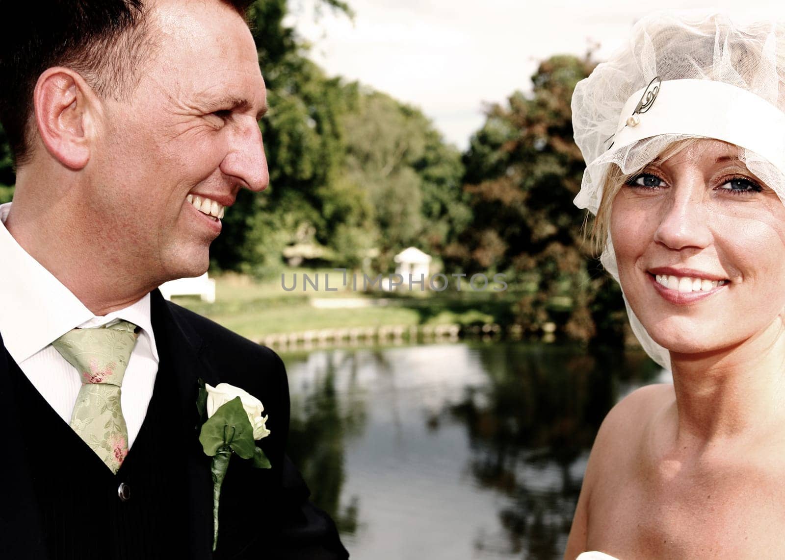 Wedding couple portrait. groom and bride marriage celebration. husband in suit and wife in wedding dress