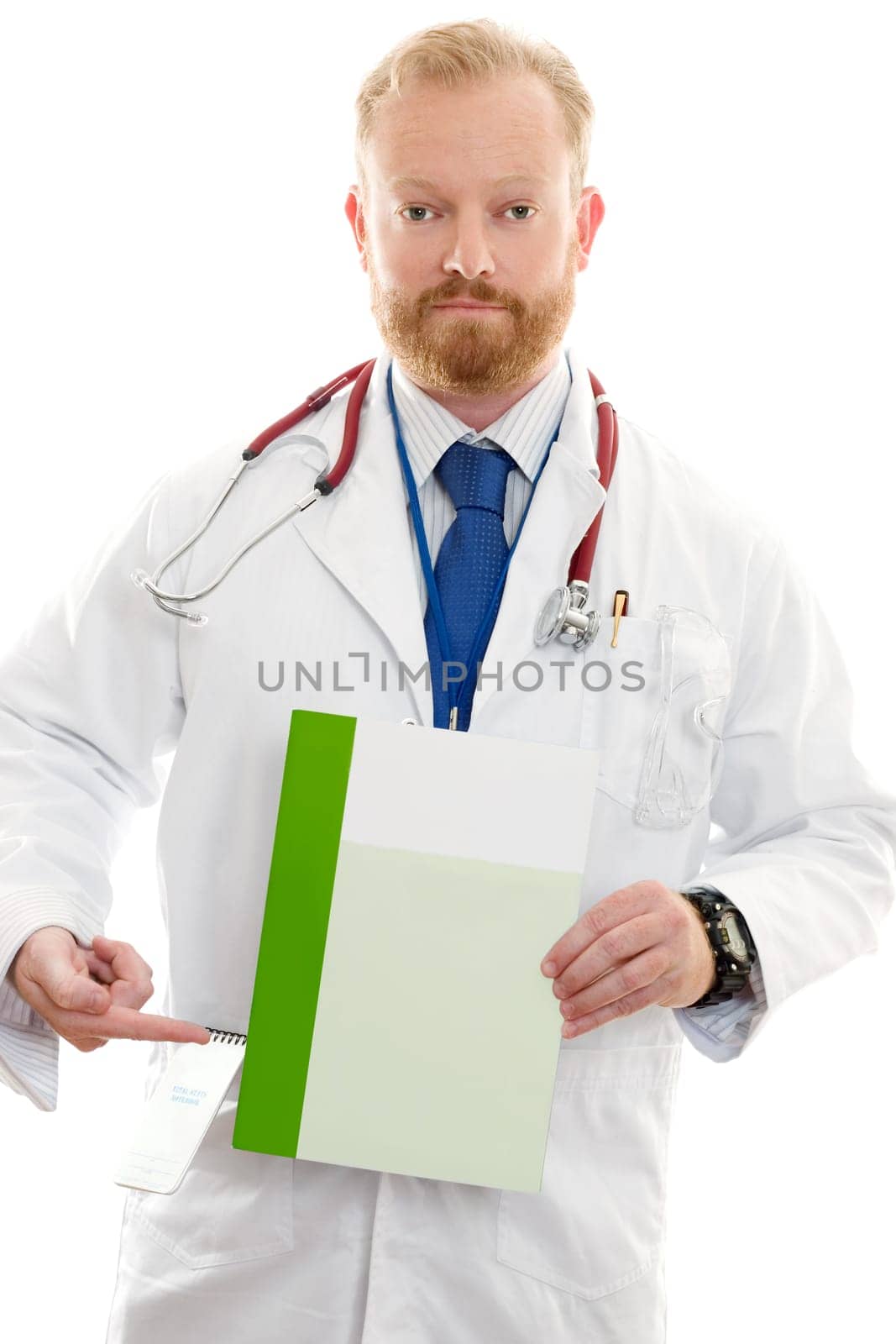 Male Doctor pointing to a brochure, leaflet or other information.  Replace with your own brochure or add text.  Whiet background.