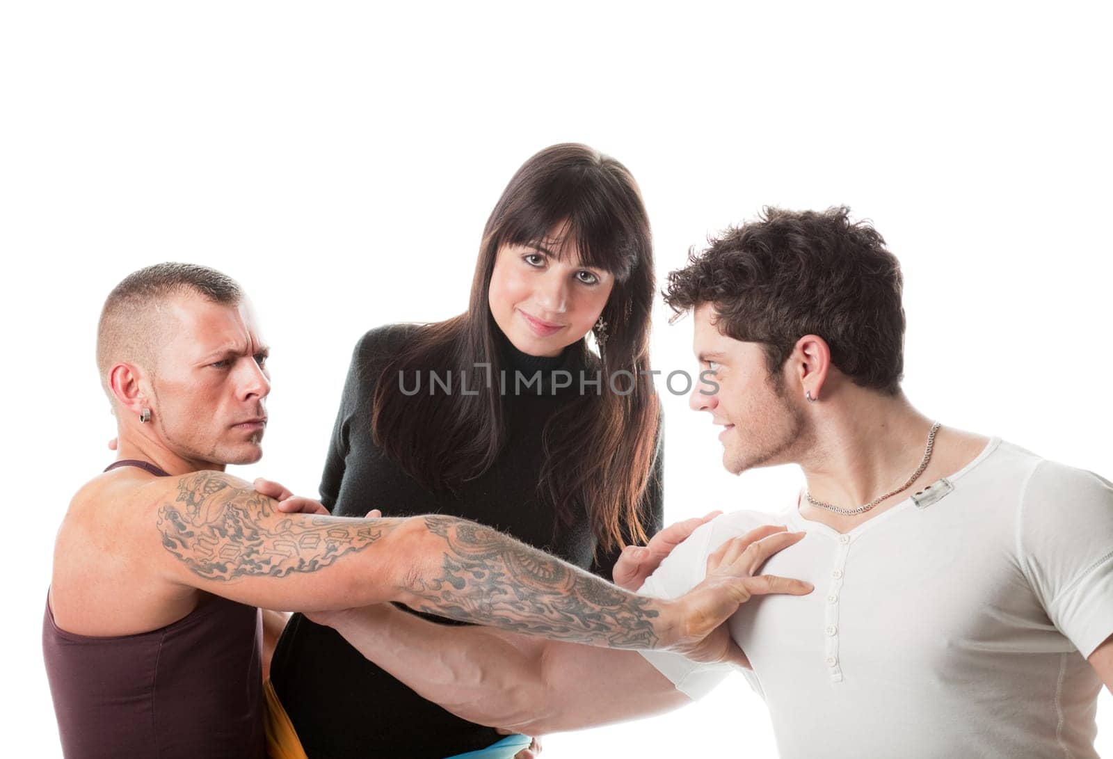Two rival man fighting for one girl  isolated on white