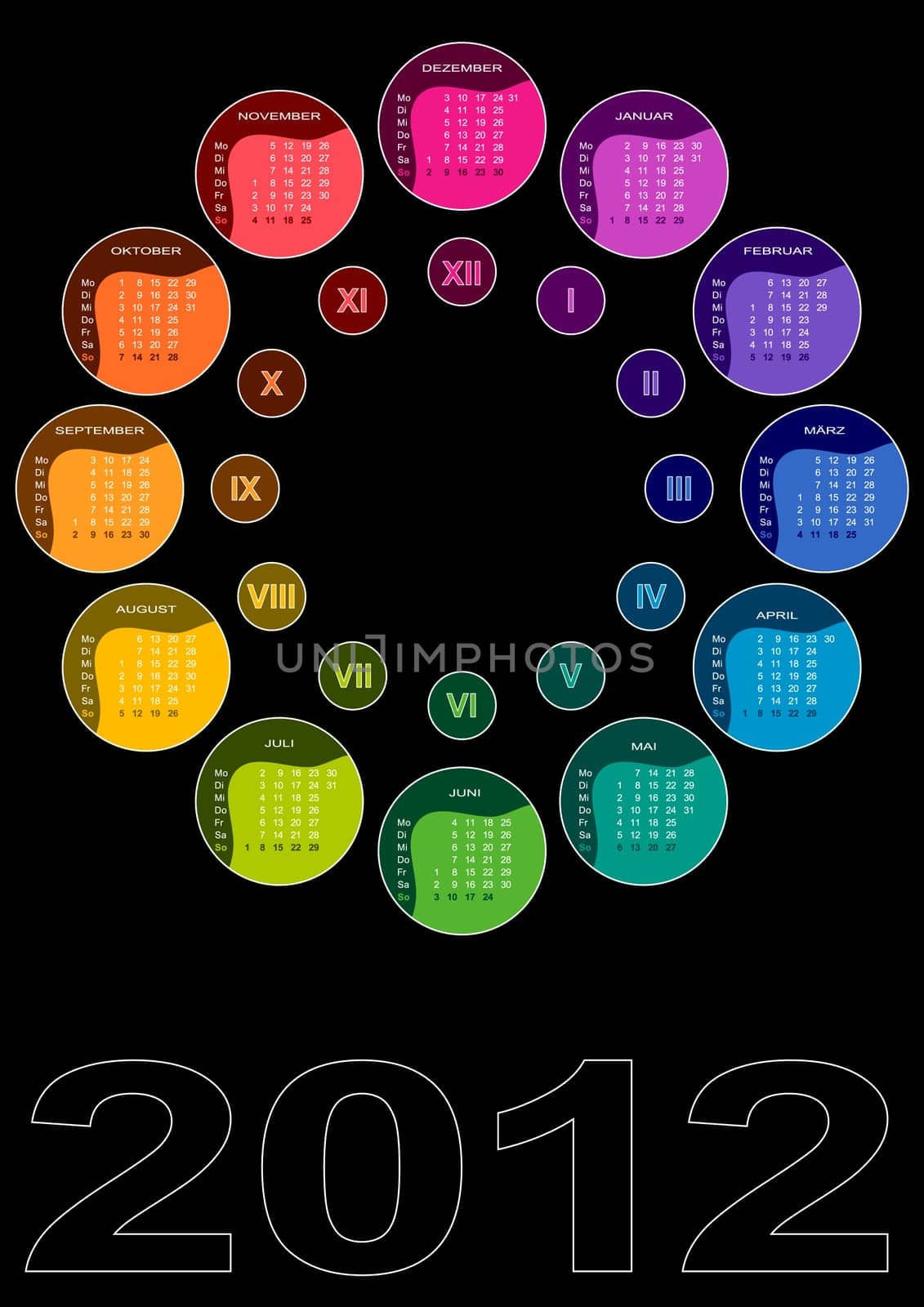 Colored calendar 2012 with months arranged in a circle (German - week starts with Monday)
