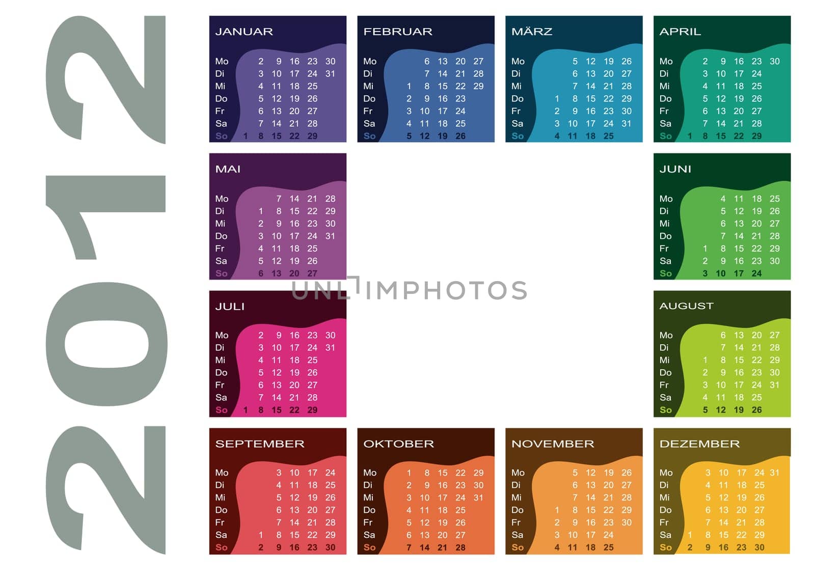 Colored Annual Calendar 2012 - German (Week starts with Monday)