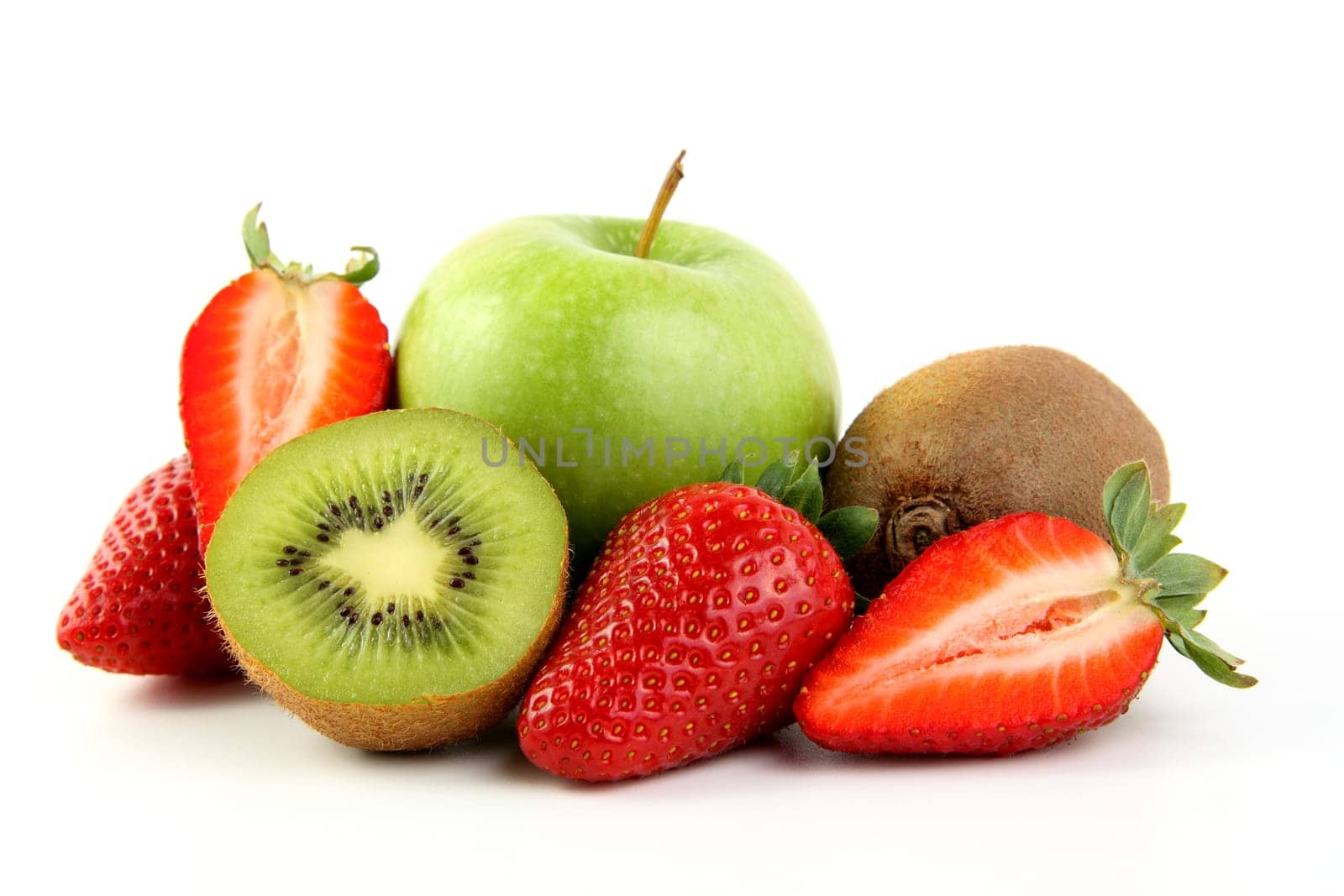 Strawberry,Apple,Kiwi - Closeup Isolated Against White Background