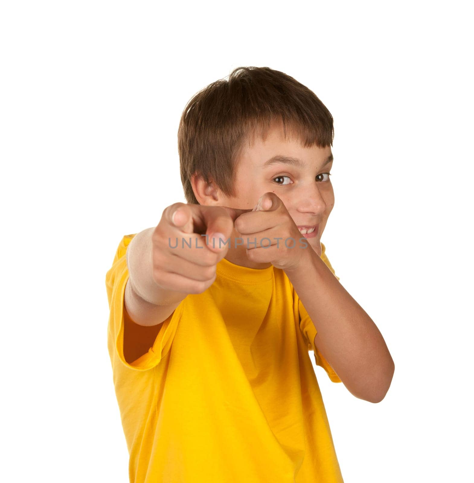 boy pointing at you isolated on white