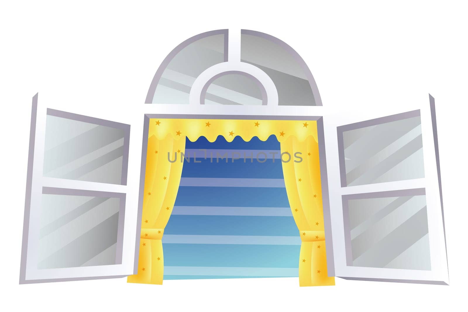 illustration of old European windows with yellow curtain