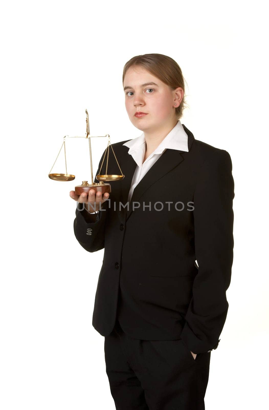 young female business lawyer with scales isolated on white background