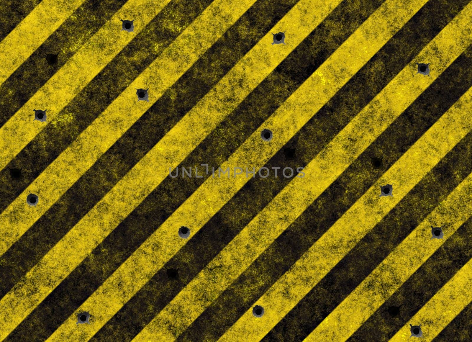 old grungy yellow hazard stripes on black road full of bulletholes