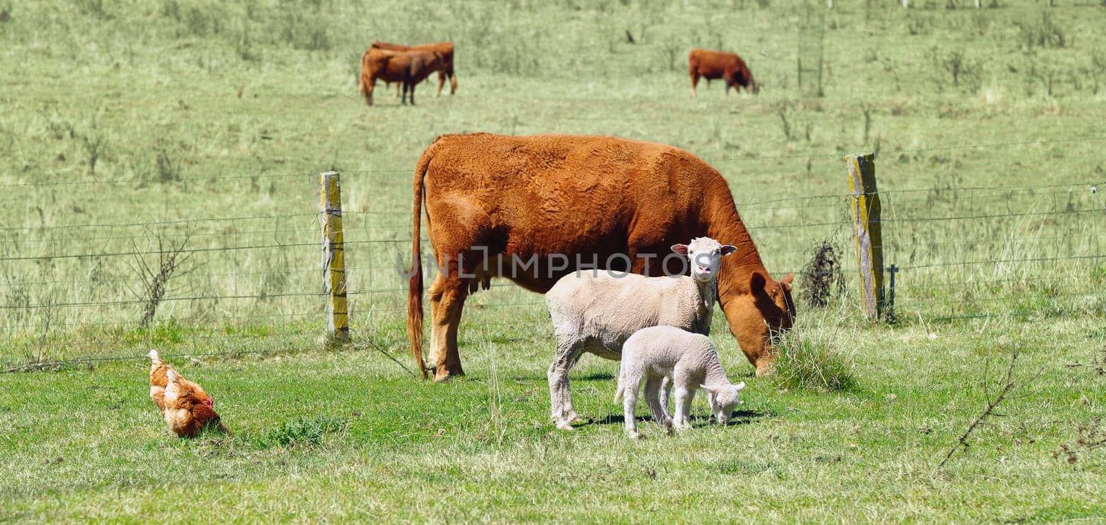 great image of sheep chickens and cows on the farm