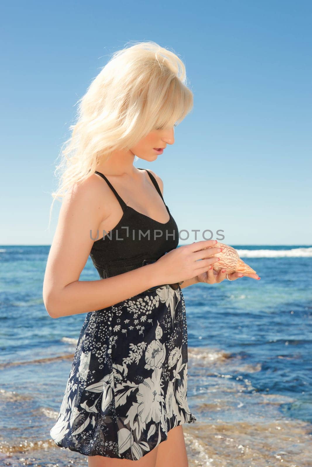 beautiful young woman on the reef rocks at the sea