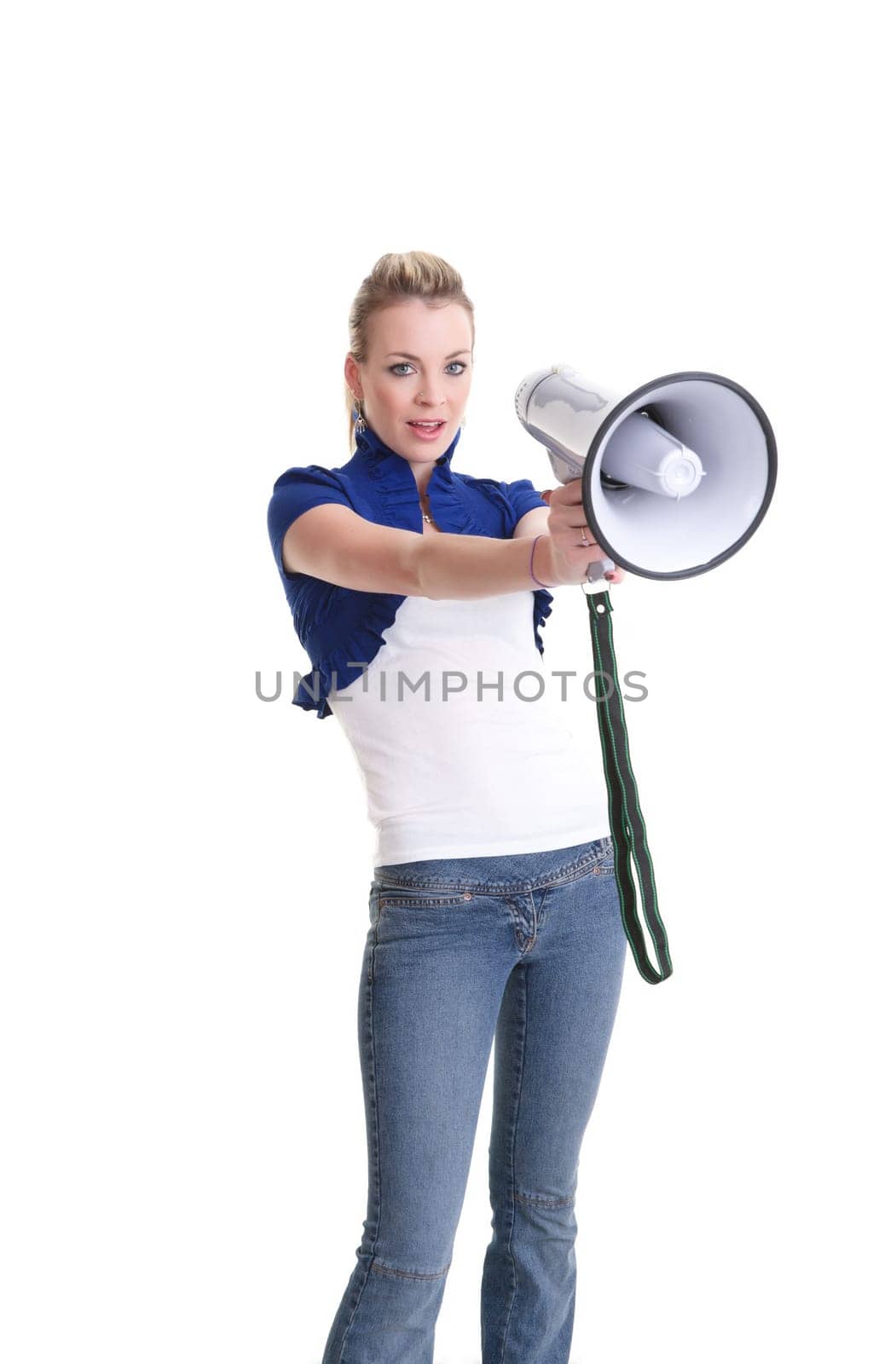 young woman with a megaphone or bullhorn isolated on white