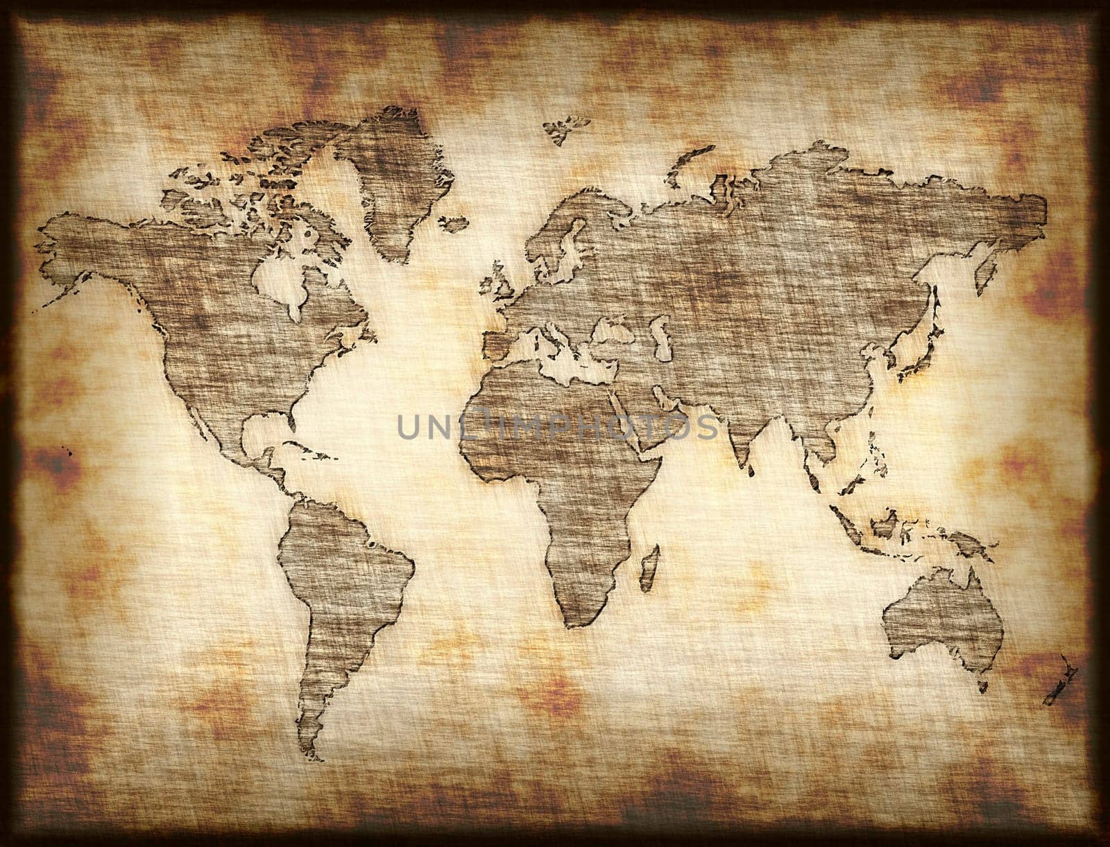map of world drawn onto old mottled paper or cloth