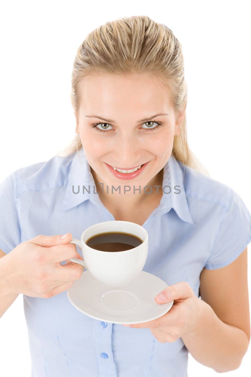 Cheerful young woman with coffee on white background