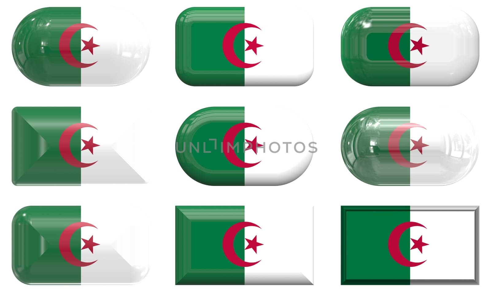 nine glass buttons of the Flag of algeria