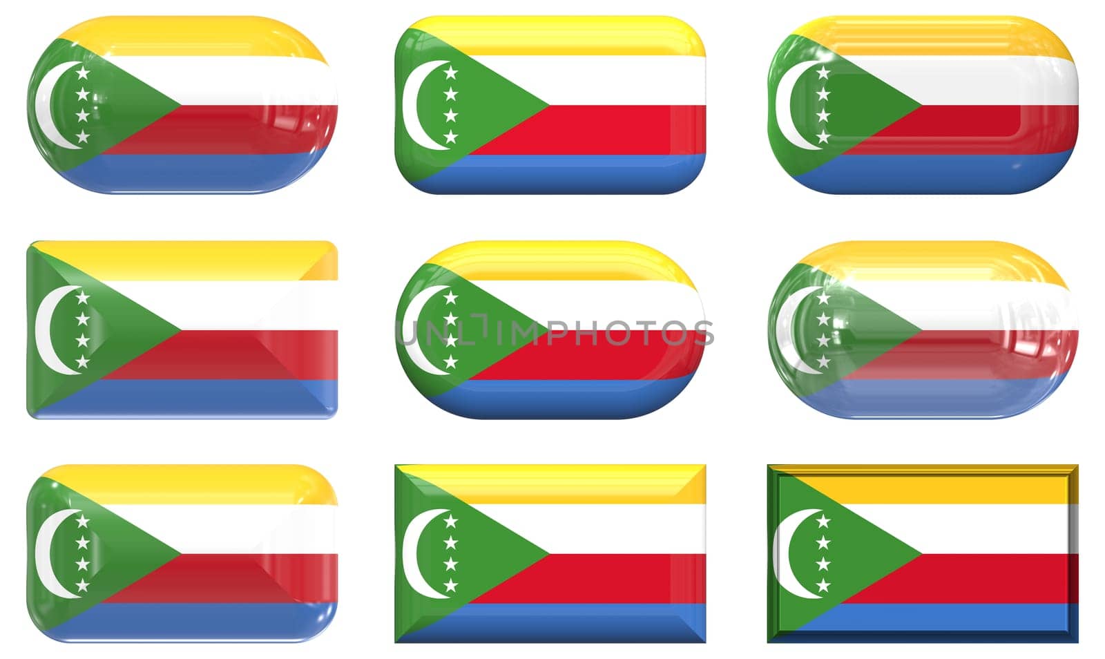 nine glass buttons of the  Flag of Comoros
