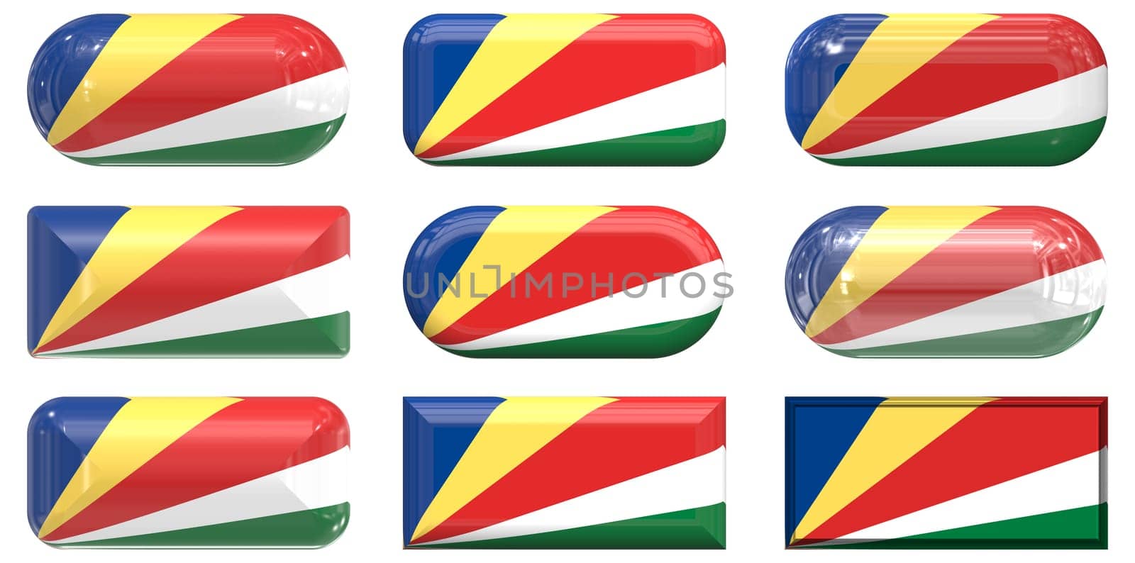 nine glass buttons of the  Flag of Seychelles