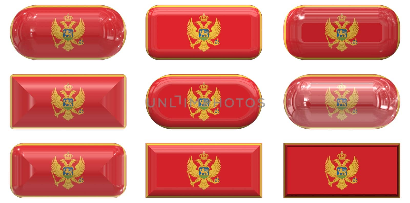 nine glass buttons of the Flag of Montenegro