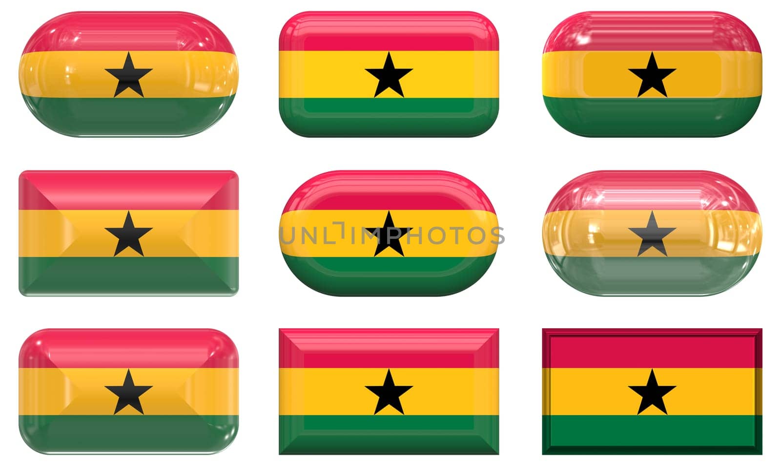 nine glass buttons of the  Flag of Ghana