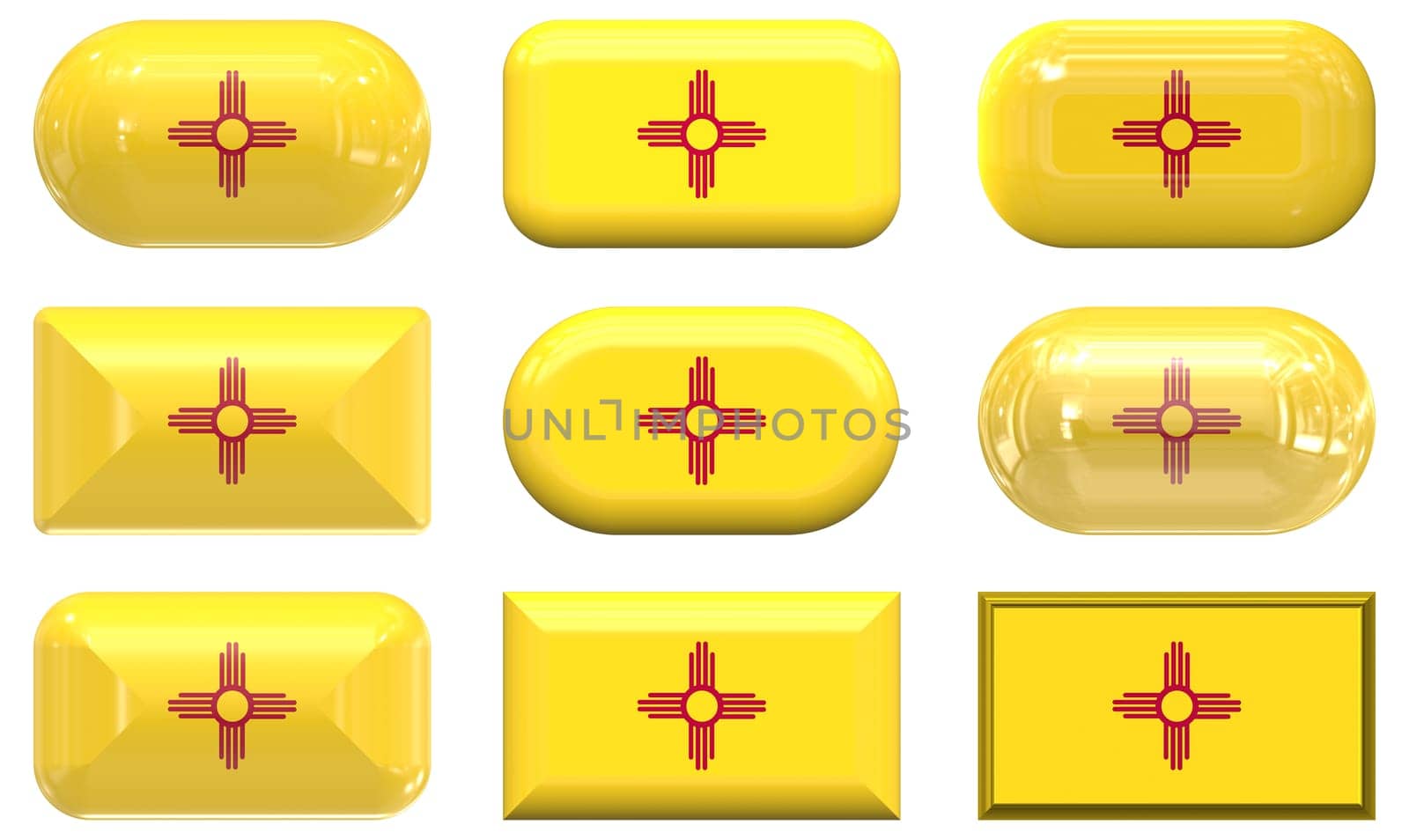 nine glass buttons of the  Flag of New Mexico