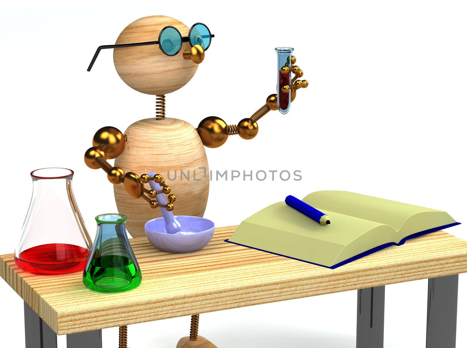3d wood man as chemist holding test tube