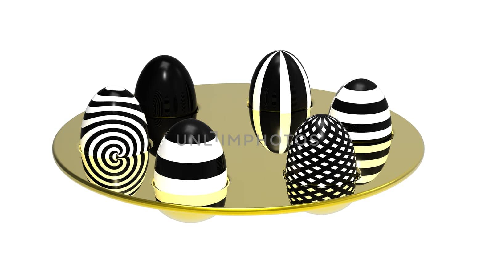 Black and white eggs on golden plate