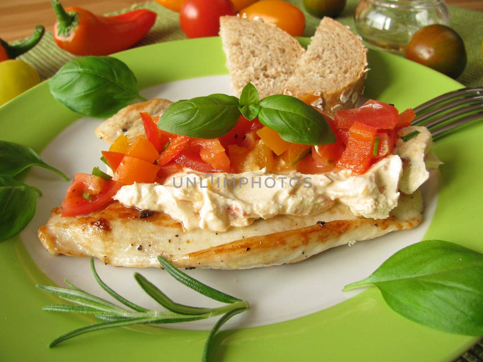 Cream cheese and tomato-pepper salsa on turkey