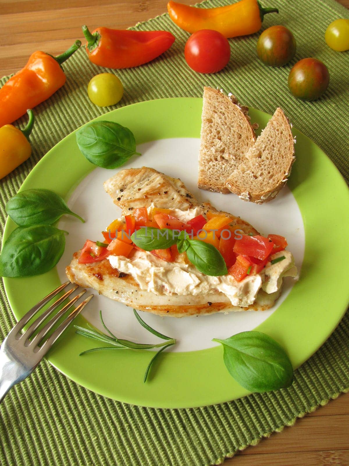 Cream cheese and tomato-pepper salsa on turkey