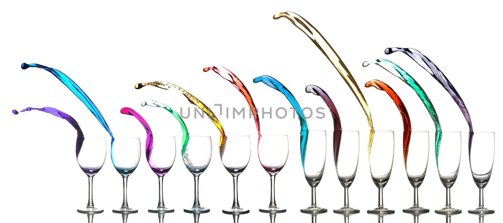 Colored liquid splashing out on a white background