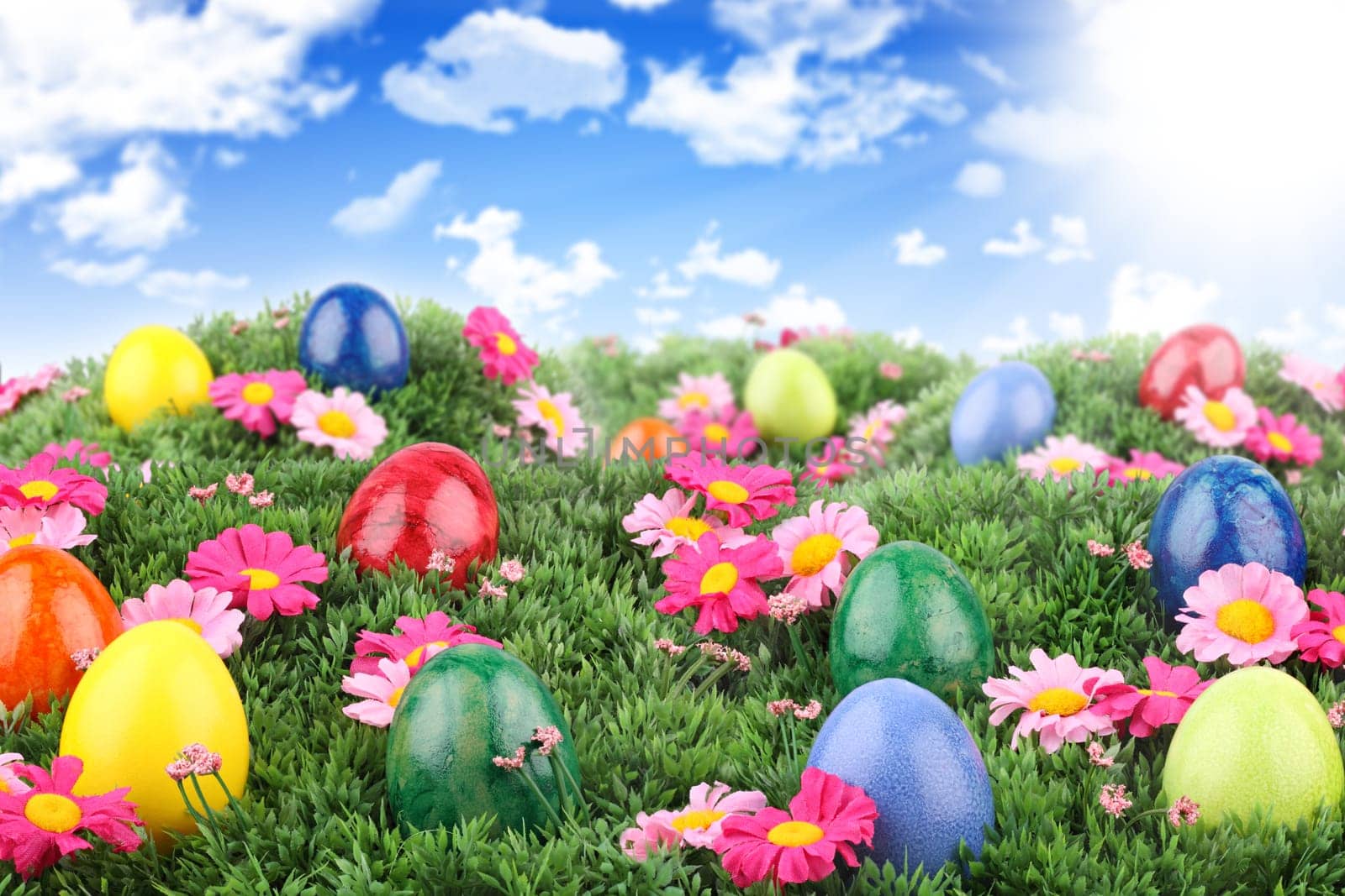 Easter eggs on a meadow with sunshine and blue sky.
