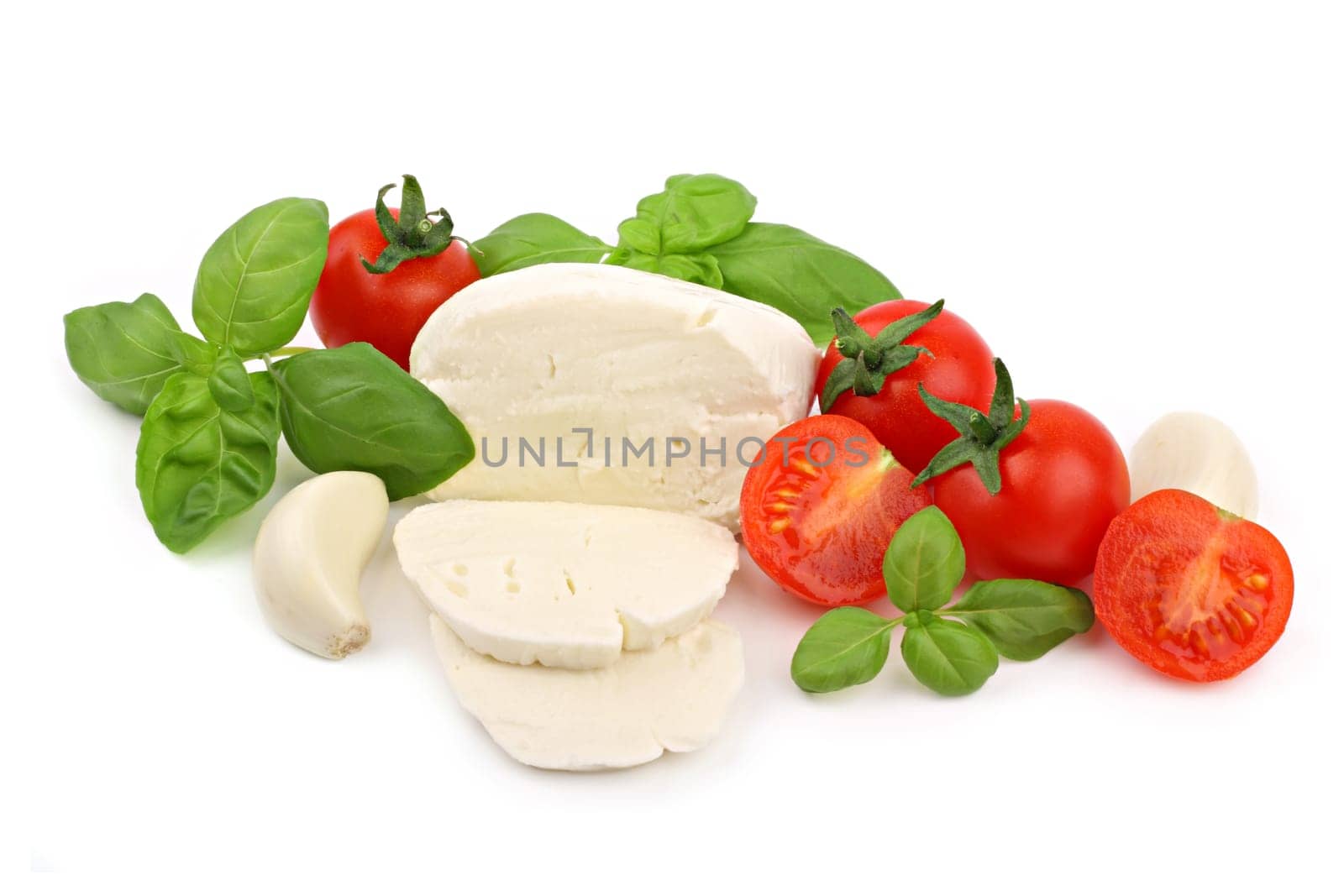 Italian pasta ingredients on white background.