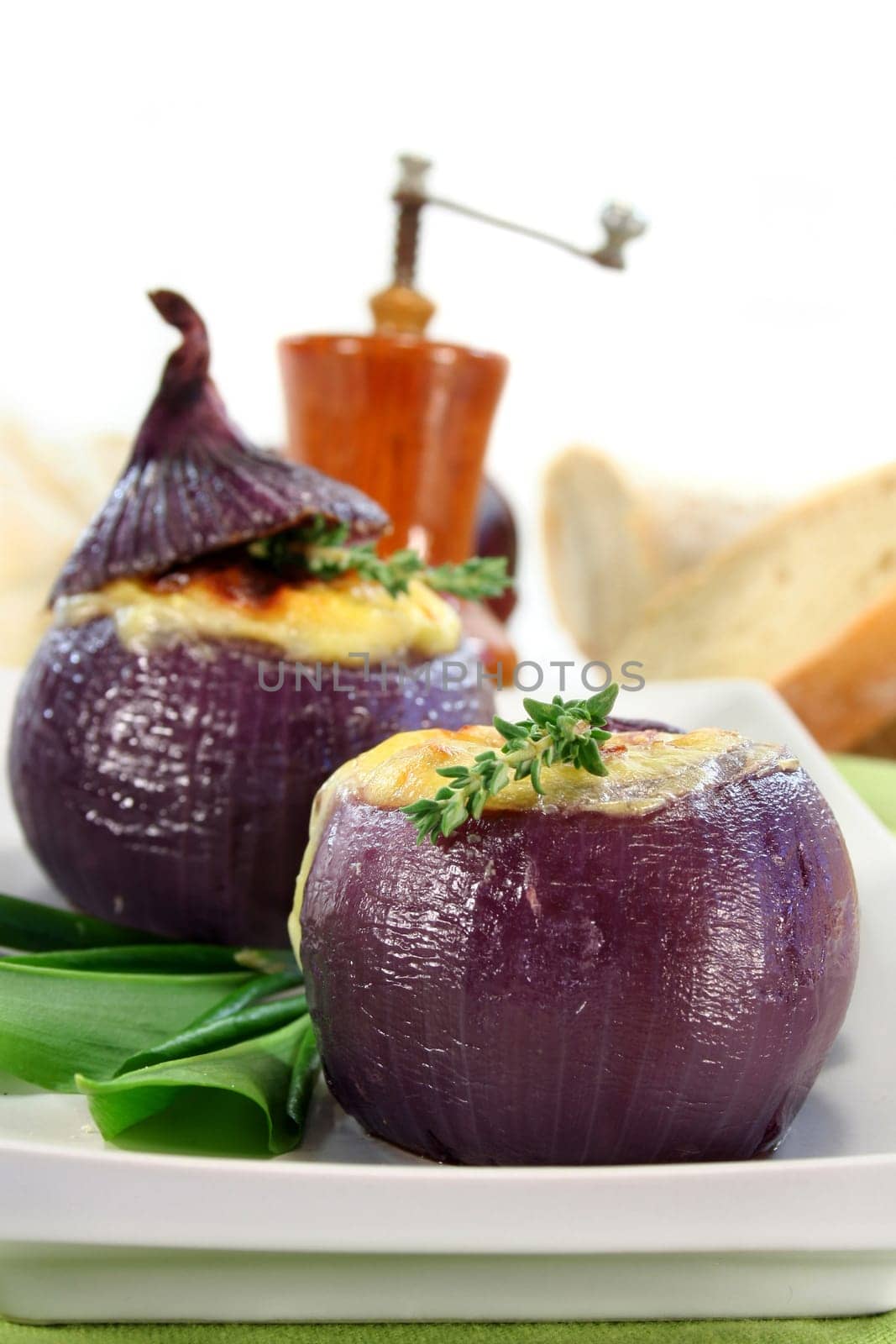 Onion stuffed with goat cheese and bacon
