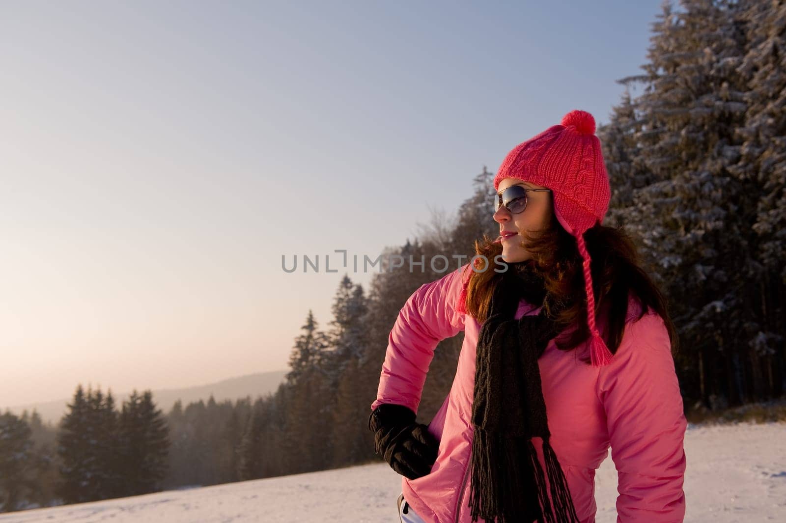 Fashion model with sunglasses watching winter sunset