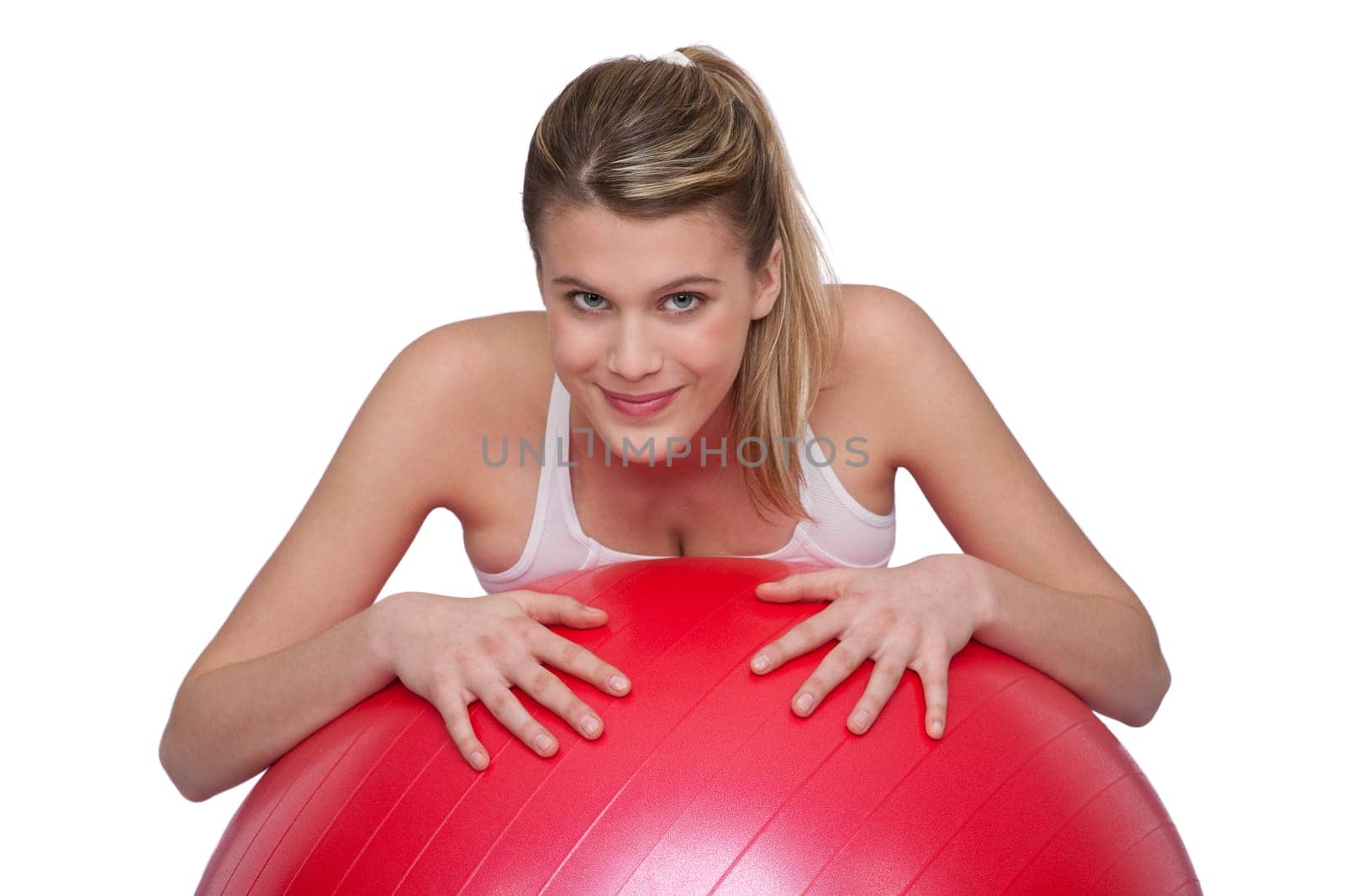 Fitness - Young happy woman with exercise ball on white background