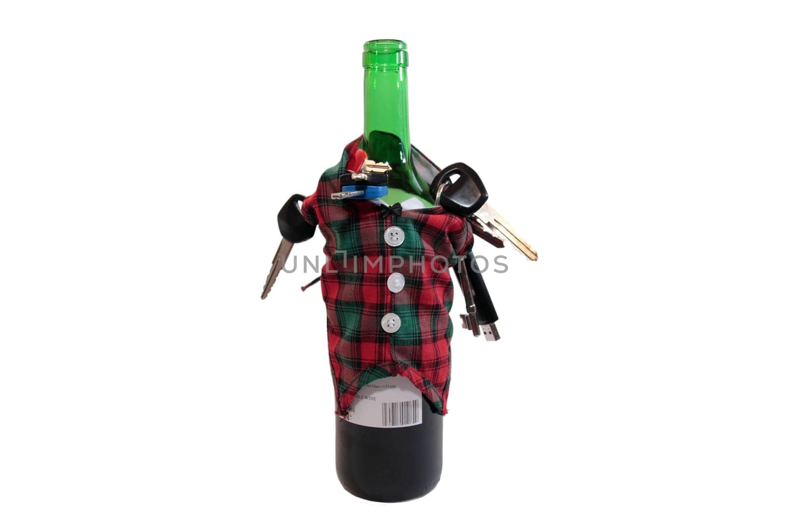bottle dressed in jacket warmer with keys and alcohol on white background depicting drunk driving and addictions can kill